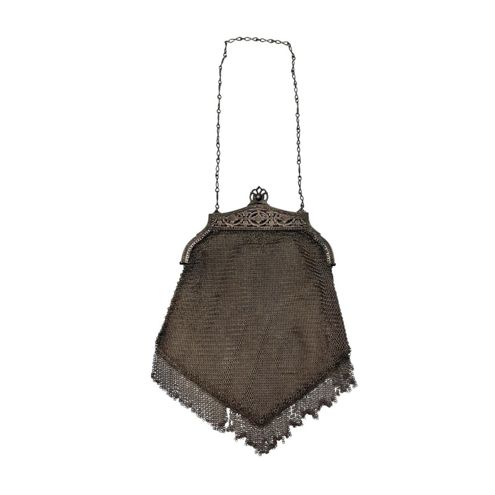 Vintage Signed Whiting & Davis Silver  Mesh Bag Art Deco Flapper‎ Ornate Purse